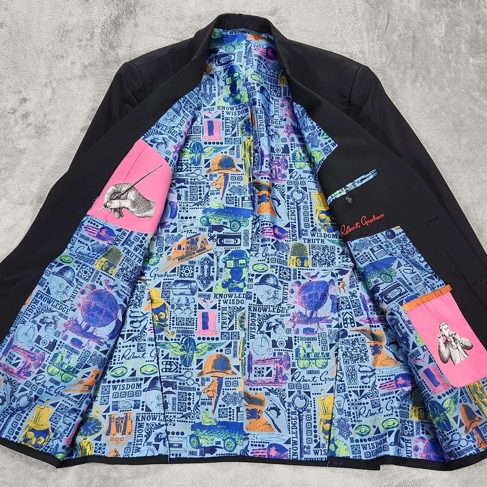 Robert Graham Blazer Mens 42L Black Wool Colorful Lining Sport Coat Jacket